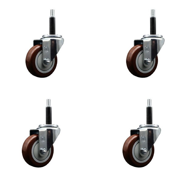 3.5'' Maroon Poly Wheel Swivel 1-3/4'' Expanding Stem Caster Set, 4PK